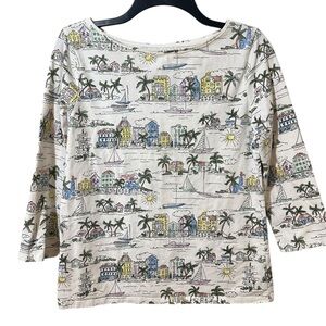 TALBOTS - The Talbots Tee - white palm tree beach pattern 3/4 sleeve T size M